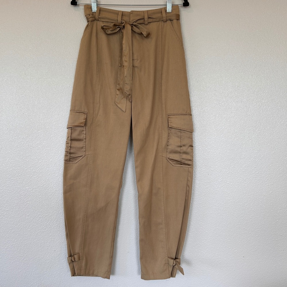 Heartloom Ginger Cargo Pants Camel Tan High Waisted Tapered with Tie Belt Small